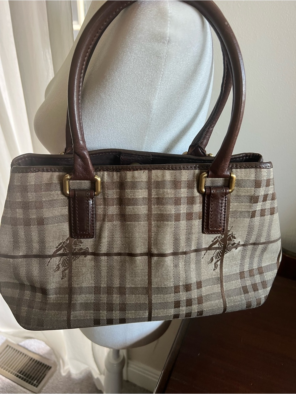 Burberry Haymarket Check Top-Handle featuring Brown Leather Trim & Gold Harware
